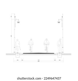sketch section of the road specifically for bicycles and there's the classic street lamp, sketched with dimensions