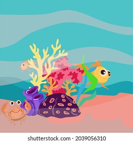 A sketch of a section of the seabed, sand and stones, beautiful marine life, bright fish and corals. Vector illustration
