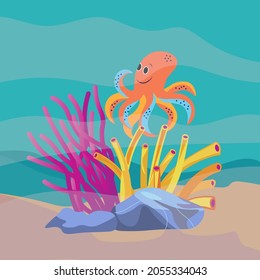 A sketch of a section of the seabed, sand and stones, beautiful marine life, bright fish and corals. Vector illustration