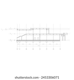 Sketch sections of the building equipped with a grid and dimensions of structural column spacing