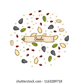 Sketch seeds vector illustration. Sunflower and sesam, flax and pumpkin seeds isolated on white background