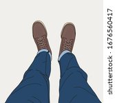 Sketch of selfie of feet in boots shoes and tight jeans, Top view, Line art style hand drawn doodle vector illustration.