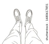 Sketch of selfie of feet in boots shoes and tight jeans, Top view, Line art style hand drawn doodle vector illustration.