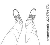 Sketch of selfie of feet in classic boots shoes and tight jeans, Top view, Line art style hand drawn doodle vector illustration.