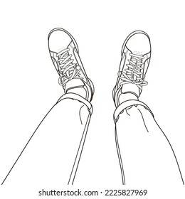 Esbozo de selfie de los pies en zapatos clásicos de zapatillas de zapatillas de deporte y jeans ajustados o chinos, Top view, Line art style dibujado a mano doodle ilustración vectorial.