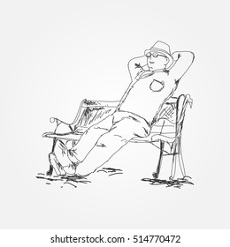 Sketch of senior man relaxing in park on a sunny day seated on a wooden bench. Vector illustration eps 10.