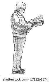 Sketch of senior man standing and reading a newspaper