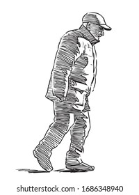 Sketch of senior man walking along city street