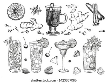 Sketch set of alcoholic cocktails.Нand drawn illustrations. 