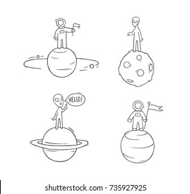 Sketch Set Of Astronauts, Aliens On Planets. Doodle Cute Scene About Space Reseach. Hand Drawn Cartoon Vector Illustration For Science Design.