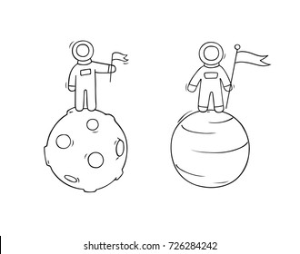 Sketch set of astronauts with flag. Doodle cute scene about space research. Hand drawn cartoon vector illustration for science design.