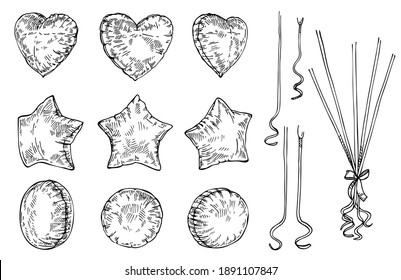 Sketch set  of balloons isolated on white. Hand drawn ink St. Valentine's Day card. Heart, star and round shape balloons