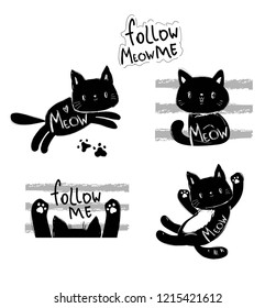 Sketch Set black cat and phrase follow me vector illustration. Children's print and poster design