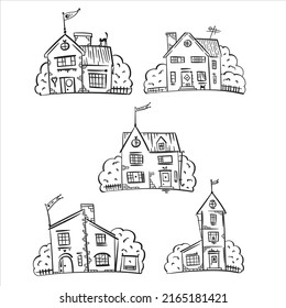 Sketch set of black hand-drawn house, detached, single family houses with trees. Doodle cartoon vector illustration of Home Sweet Home. House Exterior.