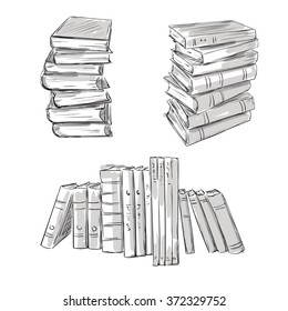 sketch set of books. High and long  isolated  stacks of books on white background.