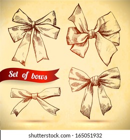 Sketch set of bows. Vector illustration. Bows and ribbons on paper texture svg