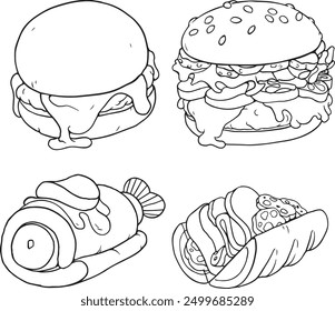 Sketch of set of burger, cheeseburger, sandwich, Vector illustration