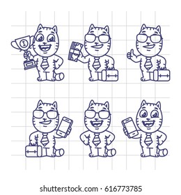 Sketch Set Cat Character Businessman Holding Money Cup Suitcase Phone. Vector Illustration. Mascot Character.