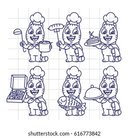 Sketch Set Cat Character Chef Holding Various Objects. Mascot Character.