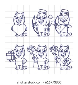 Sketch Set Character Cat Holding Flower Gift Heart Arrows and Bow. Vector Illustration. Mascot Character.
