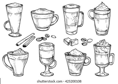 Sketch set of Coffee kind menu drinking cup. Vector hand drawing illustration isolated on white background. Espresso, cappuccino, glace, latte, irish, mocha, coffee dessert