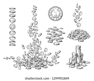 Sketch set of coins in different positions. One old coin, falling dollars, pile of cash, stack of money.  Black and white hand drawn vector illustration isolated on white background.