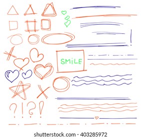 Sketch  set of  colorful vector hand drawn arrows, circles, hearts and abstract doodle, text correction and highlighting elements on white background.  Doodles for design. writing design vector set. 
