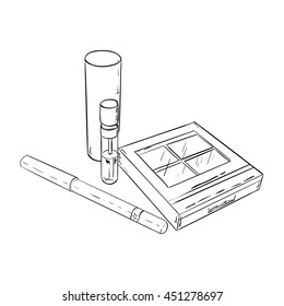 Sketch set of cosmetic products, consisting of a blush, lipstick and mascara. Vector illustration