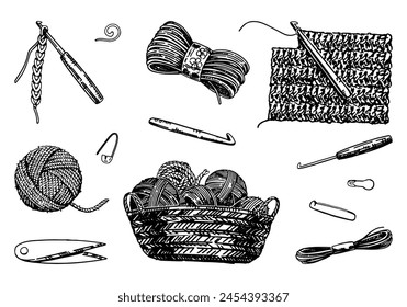 Sketch set of crochet hook, yarn, stitch marker, handicraft tools. Hobby, knitwork doodle. Outline vector illustrations collection. svg