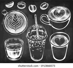 Sketch set of cups with coffee on blackboard, chalkboard. Espresso, cappuccino, latte, iced coffee, coffee beans. Vintage, retro style food background. Vector illustration. Ink drawing drinks.