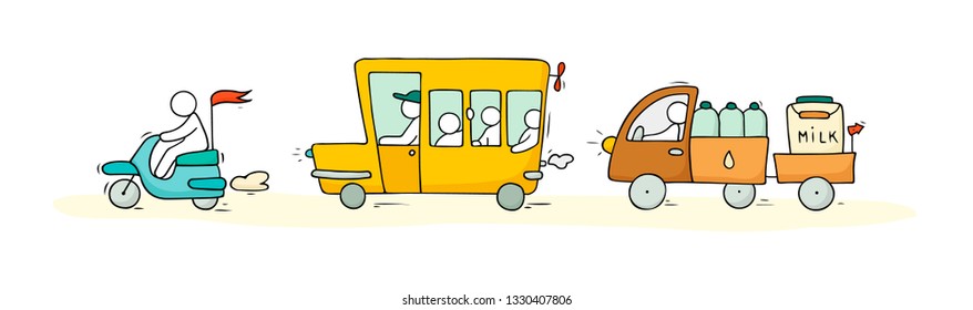 Sketch set with cute cars and people. Doodle cartoon miniature scene about transportation. Hand drawn cartoon vector illustration for vacation design.