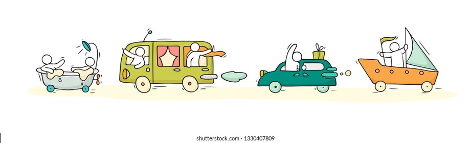 Sketch set with cute cars and people. Doodle cartoon miniature scene about transportation. Hand drawn cartoon vector illustration for vacation design.