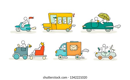 Sketch set with cute cars and people. Doodle cartoon miniature scene about transportation. Hand drawn cartoon vector illustration for vacation design.