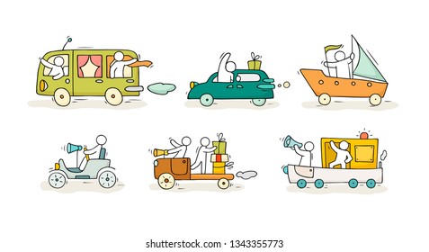 Sketch set with cute cars and people. Doodle cartoon miniature scene about transportation. Hand drawn cartoon vector illustration for vacation design.