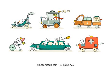 Sketch set with cute cars and people. Doodle cartoon miniature scene about transportation. Hand drawn cartoon vector illustration for vacation design.