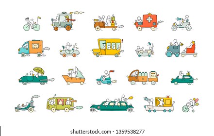 Sketch set with cute cars and people. Doodle cartoon miniature scene about transportation. Hand drawn cartoon vector illustration for vacation design.