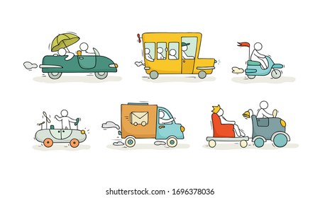 Sketch set with cute cars and people. Doodle cartoon miniature scene about transportation. Hand drawn cartoon vector illustration for vacation design.