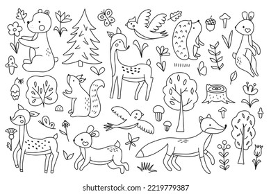 Sketch set of cute forest animals with elements of nature. Ideal for scrapbooking, postcards, posters, tags, stickers. Hand drawn vector illustration.