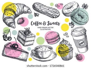 Sketch set of dessert. Pastry sweets collection. Hand drawn vector illustration.