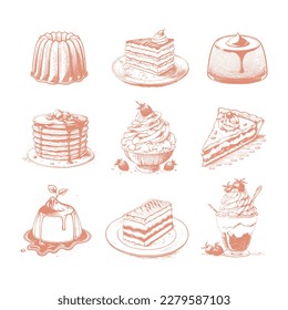 Sketch set of dessert. Pastry sweets collection isolated on white background. Hand drawn vector illustration. Retro style.