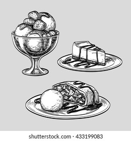 Sketch set of desserts. Hand drawn vector illustration. Retro style.