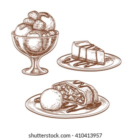 Sketch set of desserts isolated on white background. Hand drawn vector illustration. Retro style.