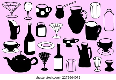 Sketch set dishes doodle style for concept design. Retro vector illustration set.