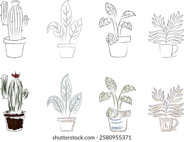 Sketch set doodle flowers in pot. Houseplants hand drawn. Sketch silhouette floral plants. Isolated vector illustrations on transparent background