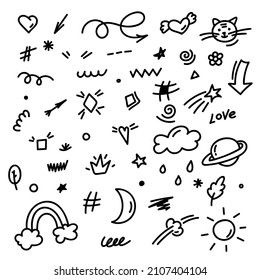 Sketch set with doodles design elements. Linear style vector sketch. Isolated creative objects