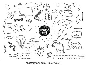 Sketch set with dotted design elements. Linear style vector sketch. Isolated creative objects. Hipster doodles.