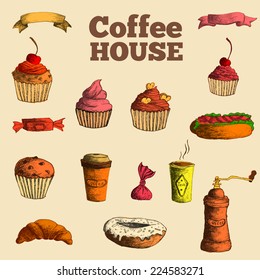 Sketch set drawn stylized hand painted background concept. cofee house menu. Vector illustration design    