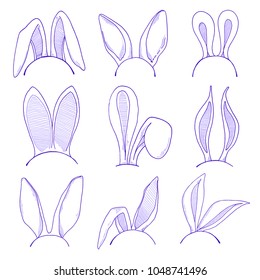Sketch set of the ears of the Easter bunny. Vector. Happy easter.