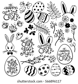 Sketch set of Easter design elements and symbols: egg, bunny, lettering, greeting text, flowers, plants.