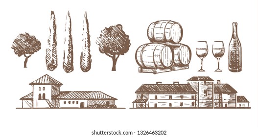 Sketch set of elements of the winery, wine barrels, a bottle of glasses, building villas.Hand drawn illustration isolated on white background.